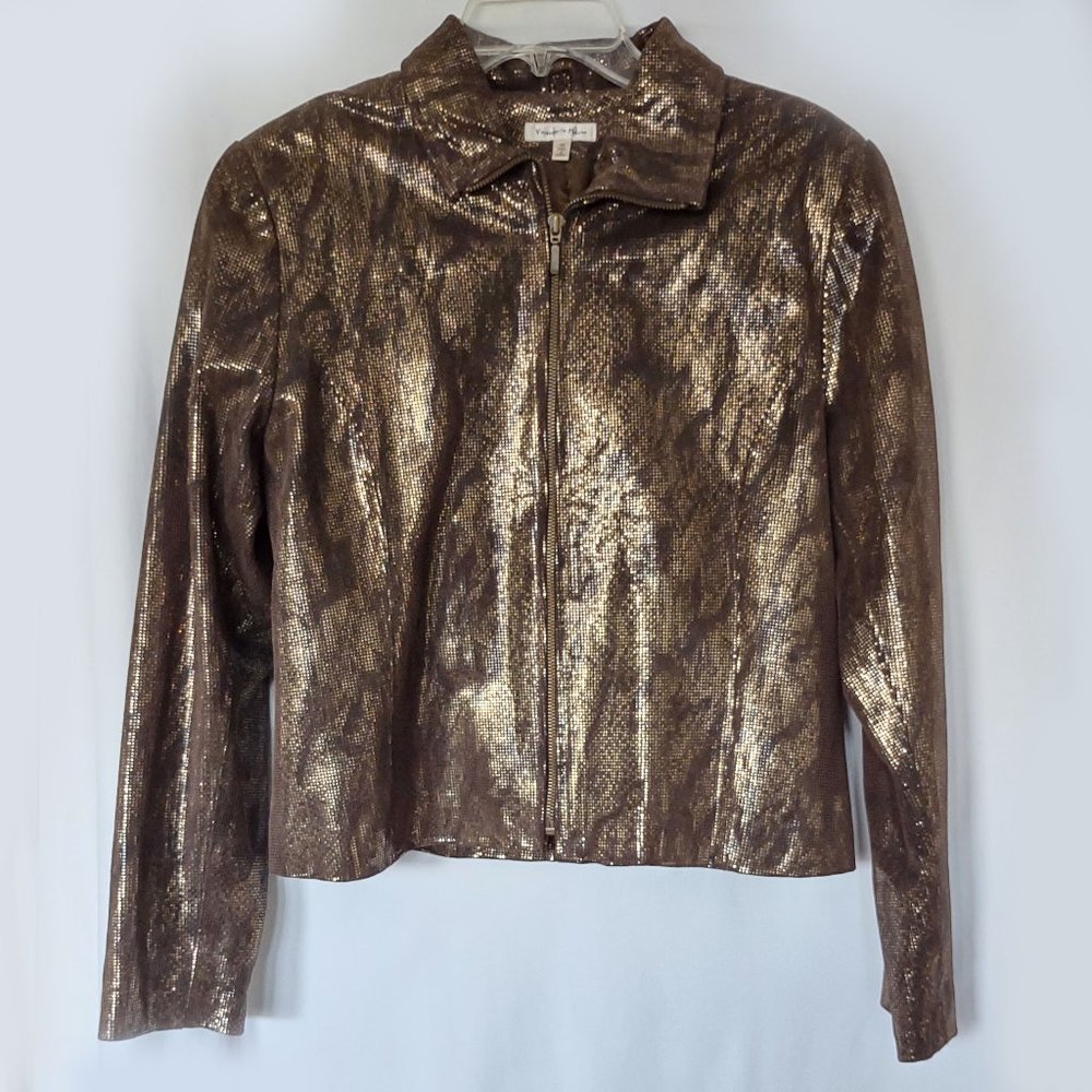 Yvonne Marie Gold & Brown Metallic Leather Jacket Size 10 EUC Snakeskin Pattern